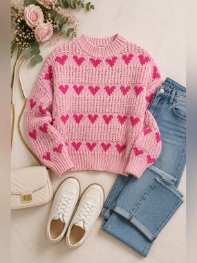 Major Label Group Pink Heart Chunky Knit Sweater